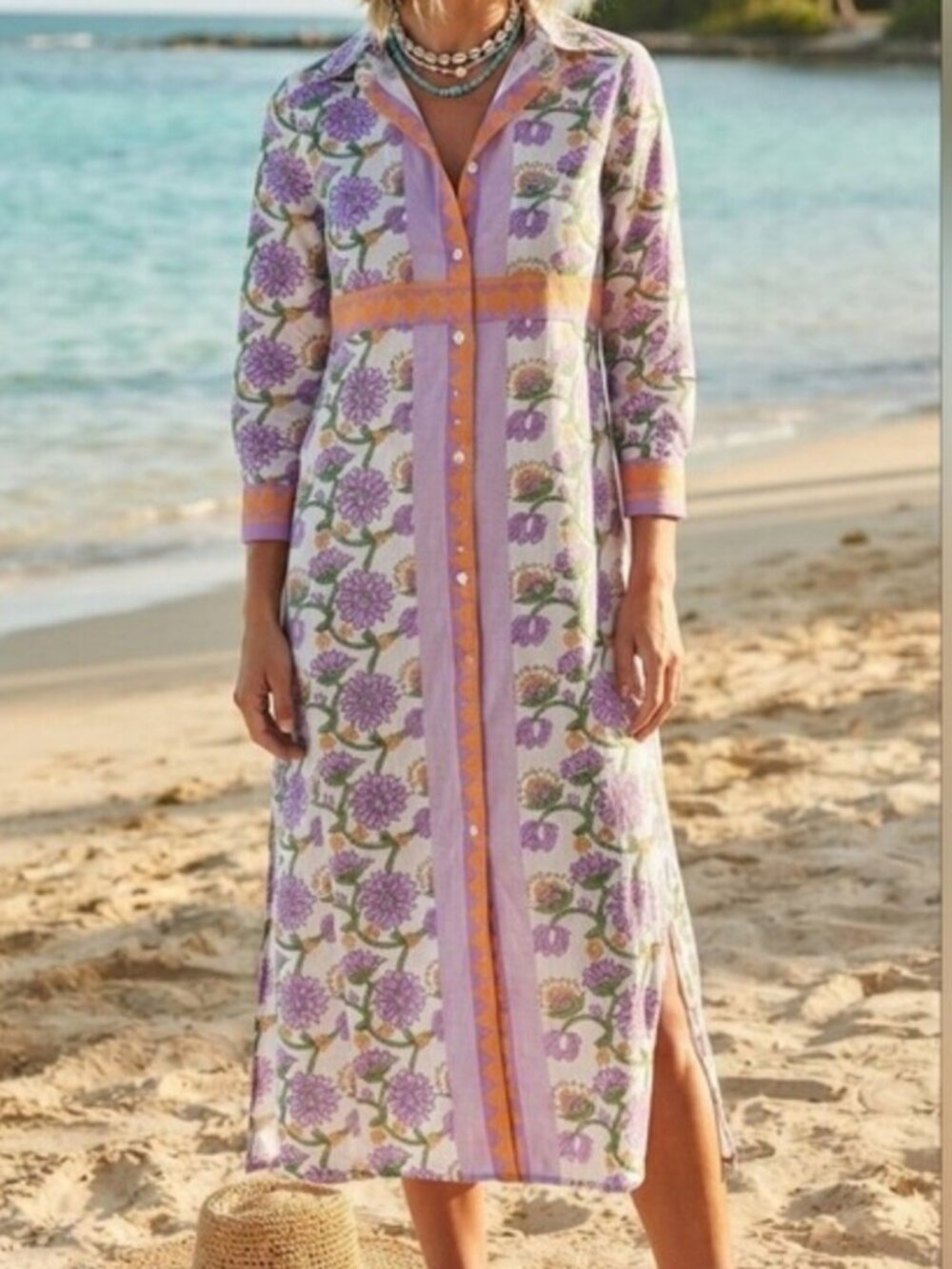 NEW!Calypso St. Barth Floral Button-Front Border Print Maxi Shirt Dress